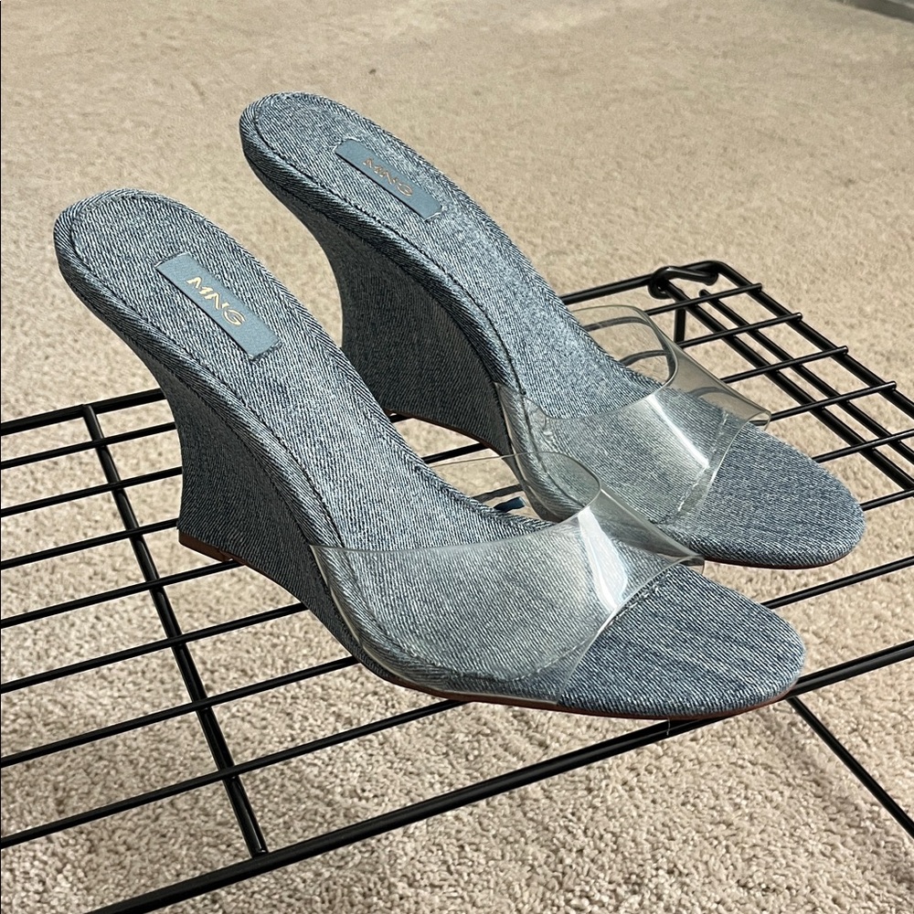 Mango Vinyl Cowgirl Sandals Light Blue Denim Wedge